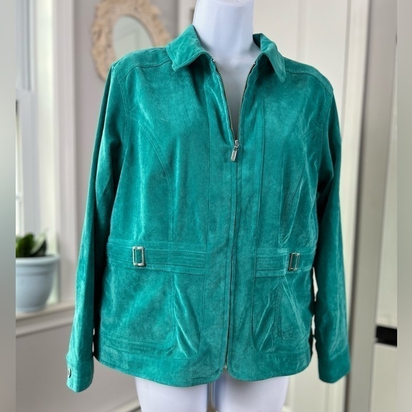 Christopher & Banks Spring Emerald Corduroy Silver Accent Zip Up Jacket Size P/L - Picture 3 of 15